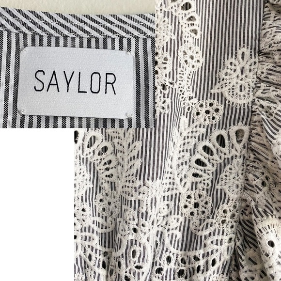 Saylor Striped Gray White Floral Embroidered Midi Dress Wedding Romantic Cottage - Picture 11 of 13